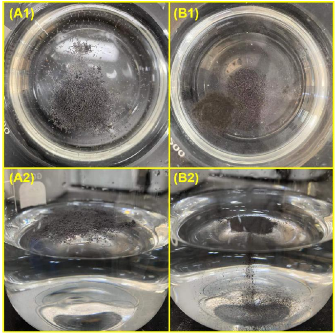 圖 1-3 (A1-2) 原始石墨烯放入水中的照片； (B1-2) 氧等離子處理石墨烯放入水中的照片